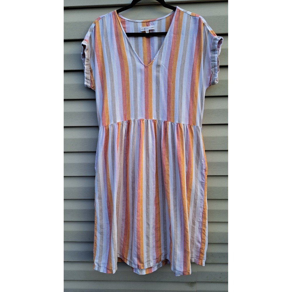 Lou & Grey For Loft Women's Linen Vertical Striped Midi Dress S Oversized V-neck